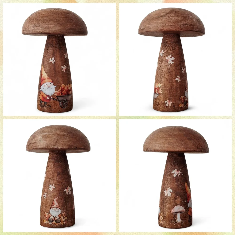 Fall Woodland Gnomes Crafted Wood Mushroom Shelf Sitter Tier Tray Tabletop Decor